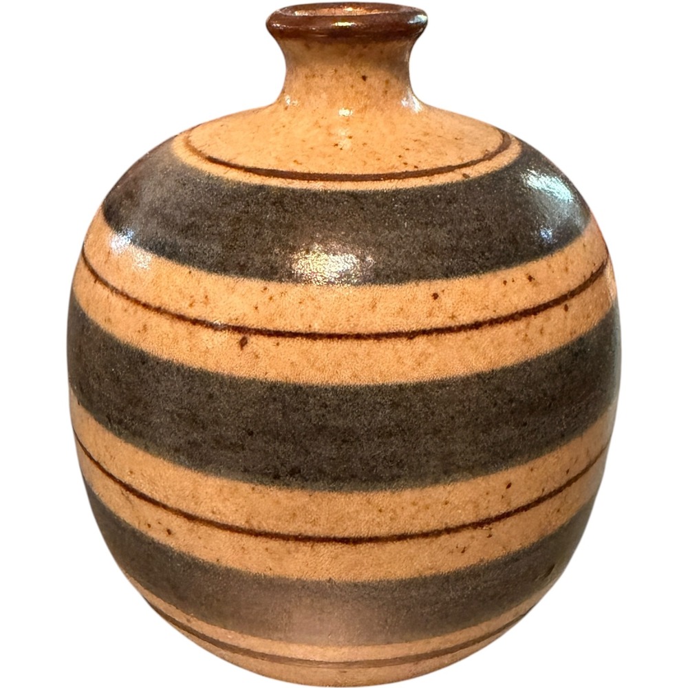 Vintage Studio Pottery Striped Bud Vase Tan Gray Speckled Stoneware Round 4in